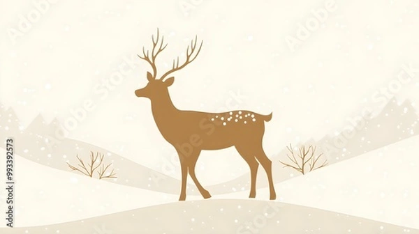 Fototapeta Golden silhouette of a reindeer in a snowy landscape with minimalistic winter scenery and snowflakes
