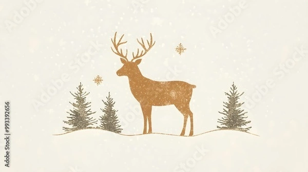 Fototapeta Golden silhouette of a reindeer in a snowy landscape with minimalistic winter scenery and snowflakes
