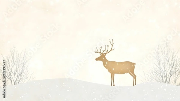 Fototapeta Golden silhouette of a reindeer in a snowy landscape with minimalistic winter scenery and snowflakes

