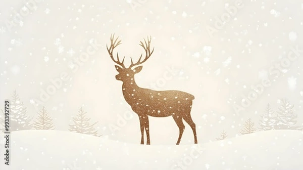 Fototapeta Golden silhouette of a reindeer in a snowy landscape with minimalistic winter scenery and snowflakes
