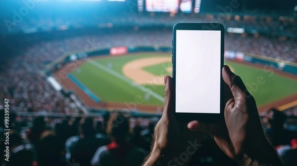 Fototapeta Hand Holding Smartphone With Blank Screen In Front Of Blurred Baseball Field.