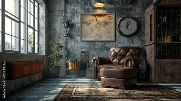 Fototapeta A vintage armchair with a footstool in a modern industrial style living room with a world map and a large clock on the wall.