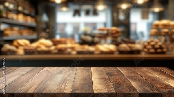 Fototapeta Clean wooden board table in the foreground with a blurred bakery shop behind, ideal for showcasing baked goods or pastry presentations.