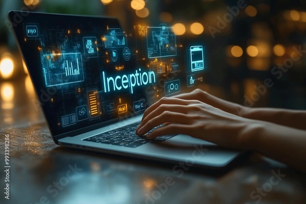 Fototapeta A laptop with hands typing, showing the word "Inception" and various icons