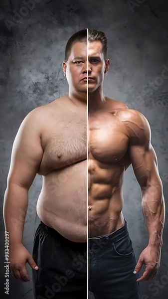Fototapeta Dramatic before and after body transformation for New Year fitness goals

