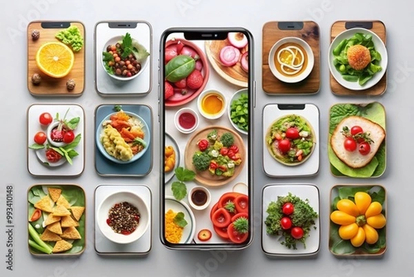 Fototapeta Modern Vector Food App Concept with Colorful Icons and User Interface Elements for Mobile Devices