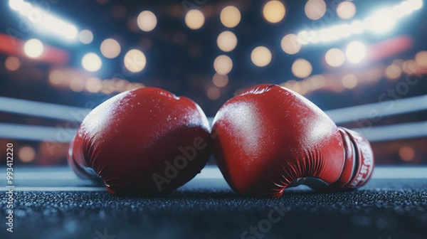 Fototapeta A pair of red boxing gloves lying in the center of an empty boxing ring under bright lights, symbolizing the sport's intensity.
