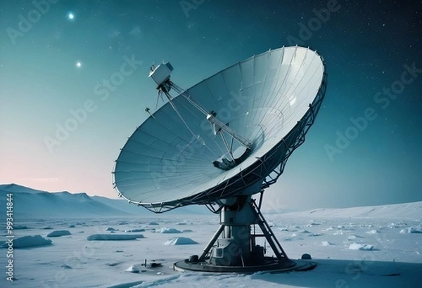 Obraz A large satellite dish in space, with the Earth and stars visible in the background