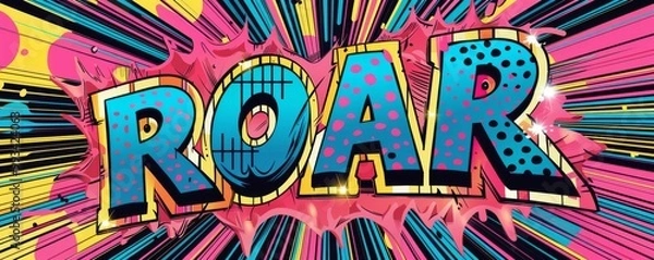 Fototapeta Energetic pop art background with "ROAR" inside. Comic book elements, Bold patterns, Bright vector