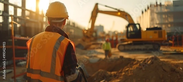 Fototapeta A construction foreman supervising a team of workers at a building site, ensuring safety and efficiency