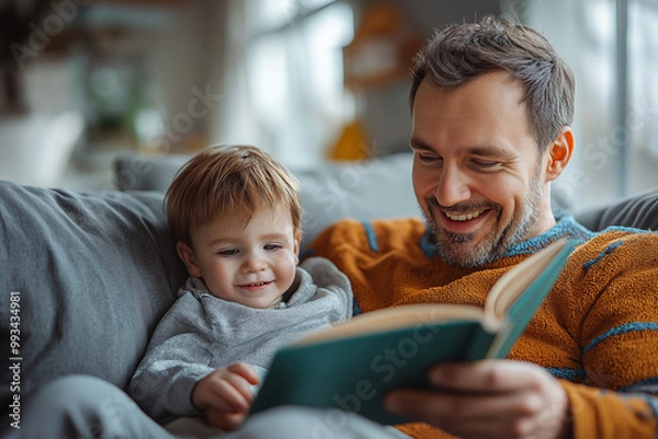 Fototapeta A father and young son are sitting on a couch, reading a book together
