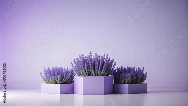 Fototapeta Lavender plants in minimalist geometric pots on a soft purple background
