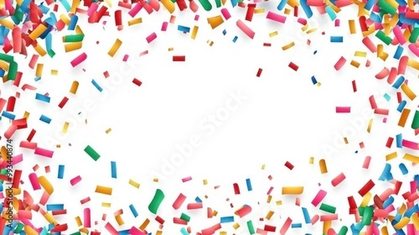 Fototapeta Colorful confetti scattered on a white background, perfect for party invitations, celebrations, and festive events.