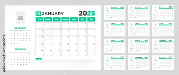 Fototapeta corporate Monthly pages Planner Calendar  Templates 2025 set. wall or desk simple 2025 Planner Calendar bundle with week start on Sunday. Set of 12 Months 2025 Wall quarterly calendar design.