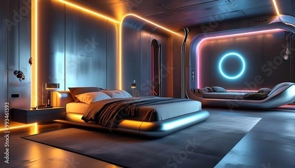 Obraz interior of luxury room A futuristic bedroom with sleek metallic surfaces, LED strip lighting, and high-tech decor. Incorporate a minimalist color palette with bold neon accents, and a bed with a mode