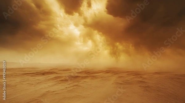 Fototapeta A dramatic scene captures a sandstorm sweeping across a barren desert landscape, with swirling clouds of golden sand obscuring the horizon. The harsh weather creates a gritty atmosphere, as 