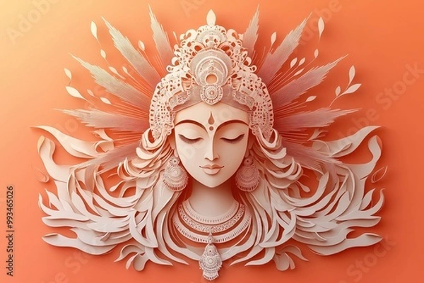 Fototapeta Durga Maa Navratri Banner in Layered Paper Cutting Style with Radiating Sunburst and Divine Power