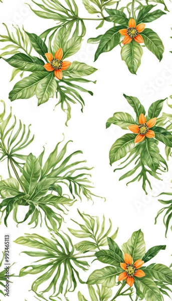 Obraz Seamless Tropical Leaf Pattern with Vibrant Orange Flowers