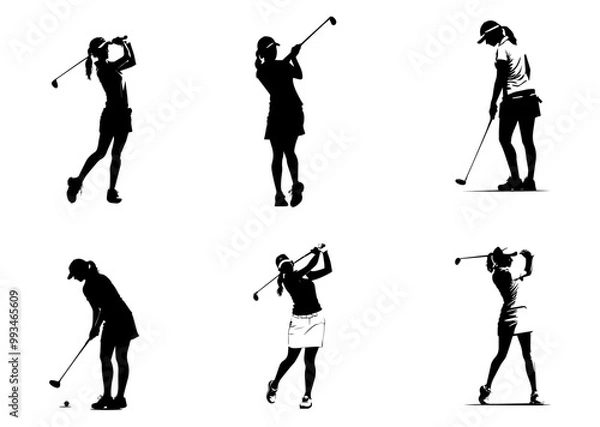 Obraz woman playing golf in various poses isolated vector silhouette on white background