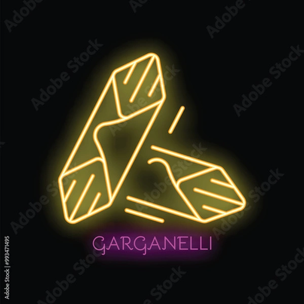 Fototapeta Yellow neon sign representing garganelli, a type of italian pasta, ideal for restaurant decoration or food related designs