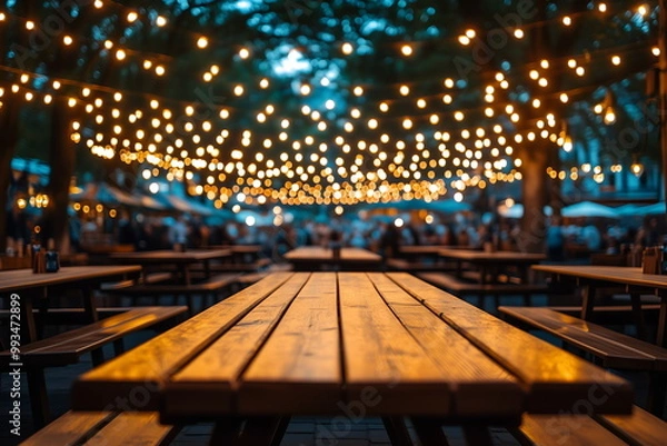 Fototapeta An Oktoberfest beer garden lit by string lights, with wooden tables and benches ready for guests