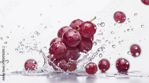 Obraz Fresh grapes falling into the water with ripples and splashes, ideal for food or beverage related concepts