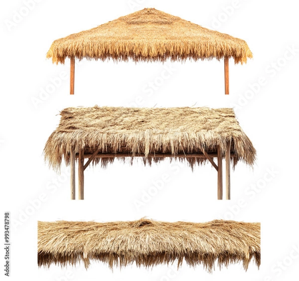 Fototapeta Thatched roof structures are made from dried grass or straw. Generative AI thatching straw roof collection on a transparent background.