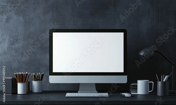 Fototapeta  A blank white screen of an iMac on the desk, in a mockup style. The background is dark and minimalistic. Created with Ai