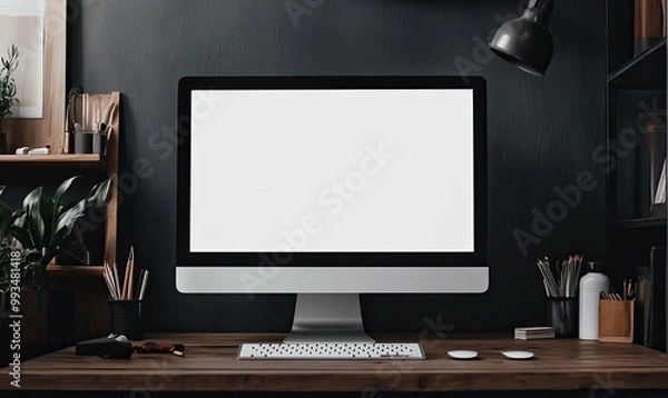 Obraz  An empty white screen of a computer in the middle of a dark wooden desk, with a black wall behind it. Created with Ai