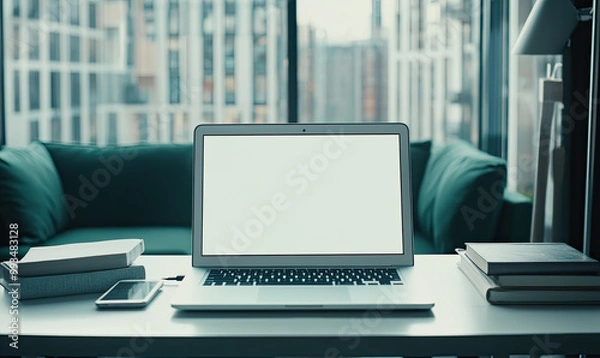 Fototapeta A close-up shot of an open laptop with a blank screen placed on the coffee table in front of a green sofa, surrounded by some books and a mobile phone. Created with Ai