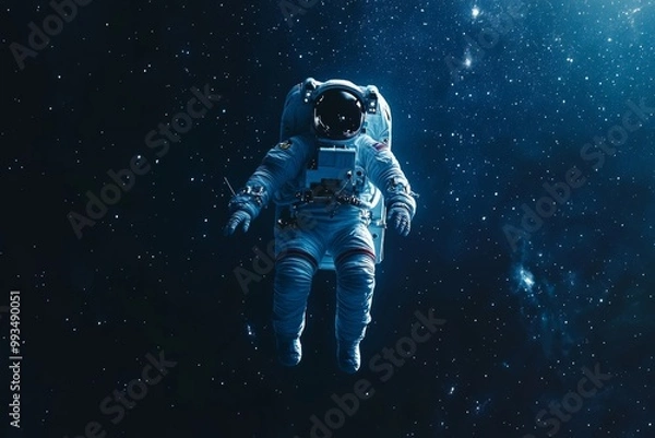 Fototapeta A lone astronaut floats in the deep, dark expanse of space, surrounded by distant stars and cosmic wonders.
