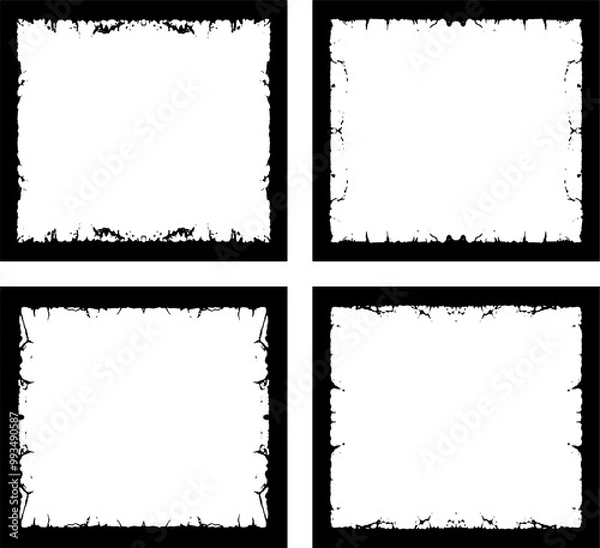 Fototapeta set of black and white frame, four square frames with black and white paint, three white vertical banners with black borders, a square frame with black and white grunge effect paint set
