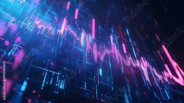 Fototapeta Futuristic Holographic Stock Fall Illustrating Virtual Business Impact and Neon Tech Background with Price Decline
