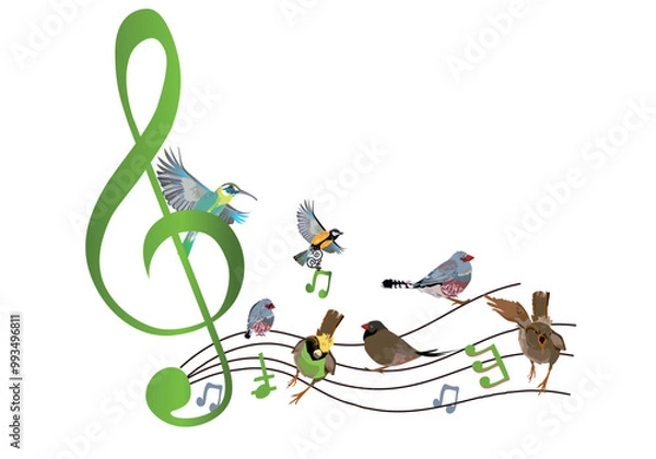 Obraz Abstract nature treble clef decorated with summer and spring flowers, notes, birds. Light and relax music. Hand drawn vector illustration.