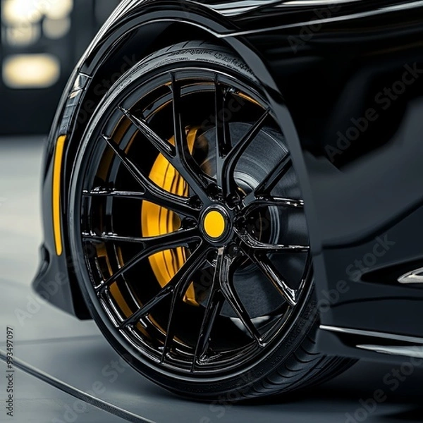 Obraz A black car with orange stripes and gold rims