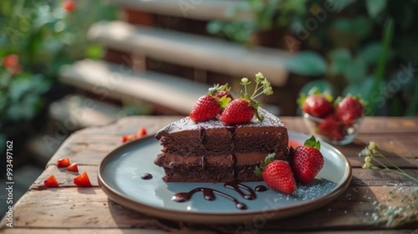 Fototapeta Delicious chocolate cake topped with fresh strawberries and drizzled with chocolate sauce