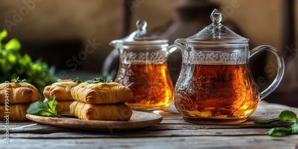 Fototapeta A beautifully arranged setting featuring two glass teapots filled with aromatic tea and freshly baked pastries on a wooden table.