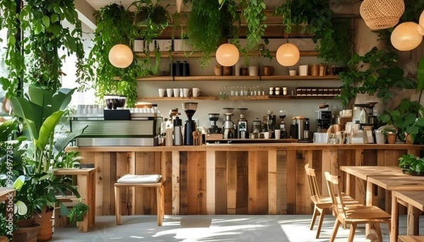 Obraz a sustainable, eco-friendly coffee shop with reclaimed wood furniture, recycled decor, and plenty of greenery. Use natural light and eco-conscious materials for a space that emphasizes sustaina