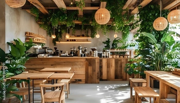 Obraz cafe in the city Design a sustainable, eco-friendly coffee shop with reclaimed wood furniture, recycled decor, and plenty of greenery. Use natural light and eco-conscious materials for a space