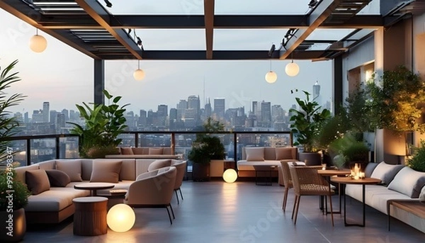 Obraz a stylish rooftop cafe with comfortable seating, minimalist decor, and panoramic views of the city. Use sleek outdoor furniture, plants in modern planters, and soft lighting