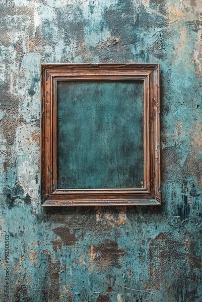 Fototapeta A faded denim-textured wall with a vintage copper frame, the blank center left intentionally raw