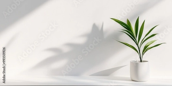 Fototapeta A modern indoor plant casts an elegant shadow on a white wall, creating a serene and minimalistic atmosphere.