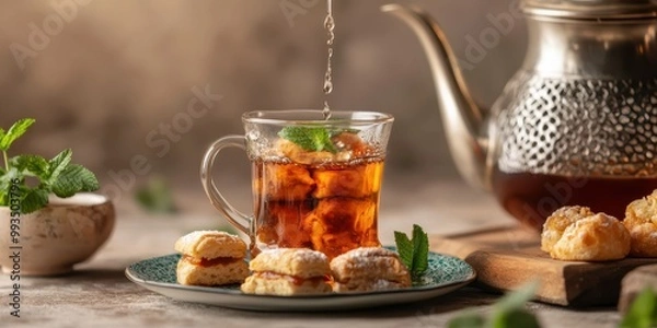 Fototapeta A serene tea moment featuring a cup of tea, delicious snacks, and fresh mint leaves, perfect for relaxation and enjoyment.