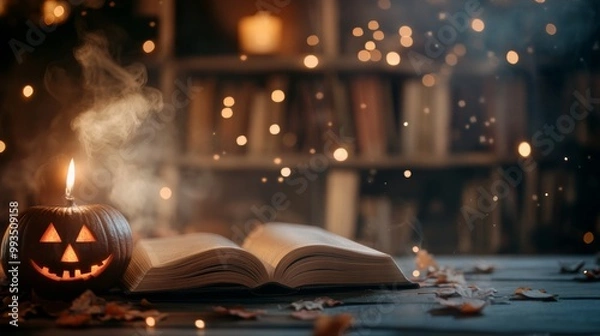 Fototapeta An empty scene featuring a blurred background with soft-focus spooky fairy tales and storybooks, creating an ideal product mockup space, 