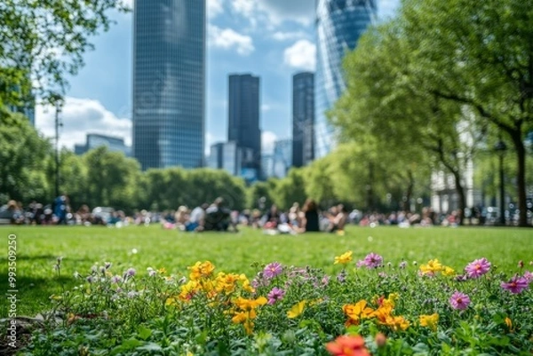 Fototapeta Colorful flowers in a green park with tall buildings in the background under a bright blue sky