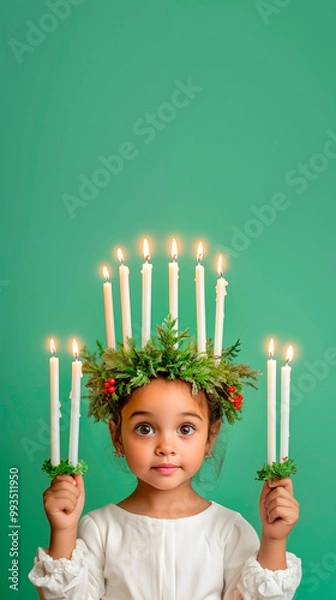Fototapeta A photo of a surprised little girl with dark hair dressed as Saint Lucia, with a green wreath on her head, in a white dress with a red belt and holding candles in her hands. Green pastel background.