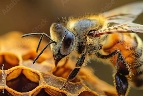 Fototapeta A macro shot of a bee on a honeycomb, focusing on the bee's intricate details and the texture of the honeycomb.