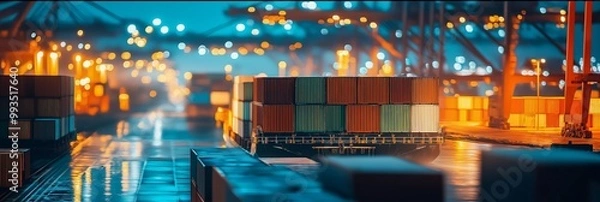 Fototapeta A bustling port scene at night showing stacked shipping containers with lights glowing, reflecting off the wet ground.