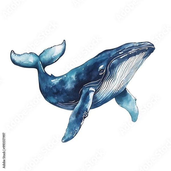 Fototapeta Watercolor illustration of a blue whale swimming in the ocean.