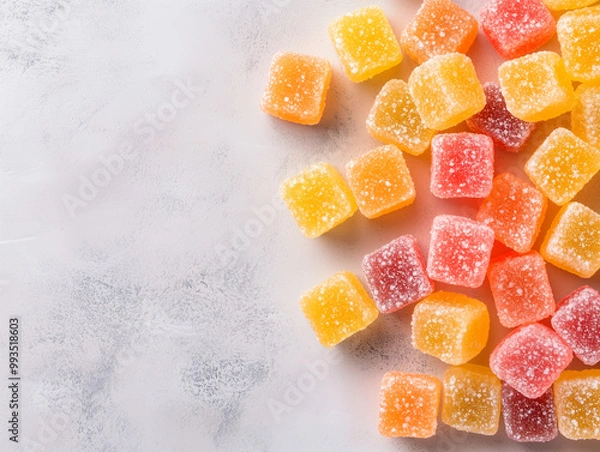 Fototapeta assorted fruit flavored sugar coated jelly cubes on white surface
